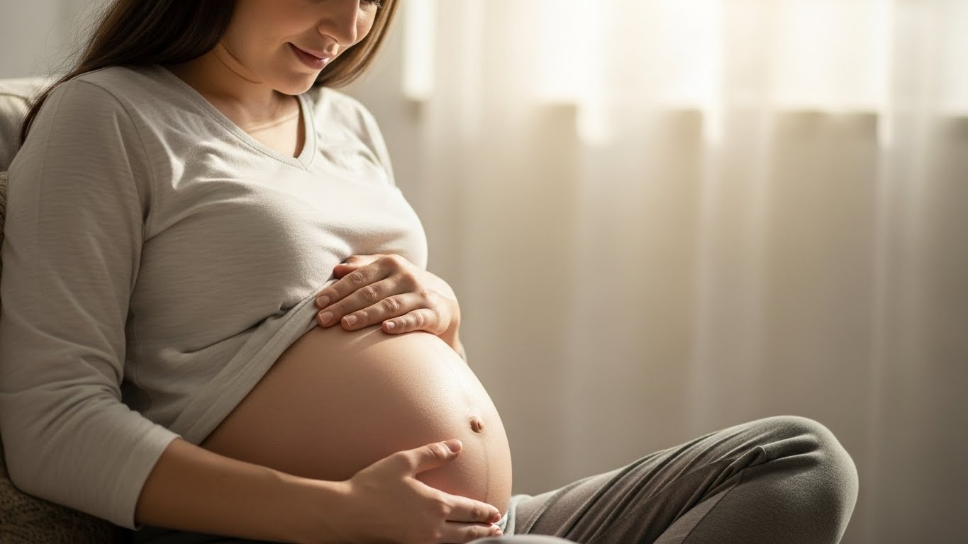 A pregnant woman resting a hand on her belly in soft light